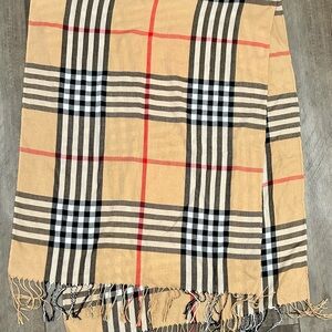 Plaid Scarf British Style Red Black Tan Fringe 70” x 27”